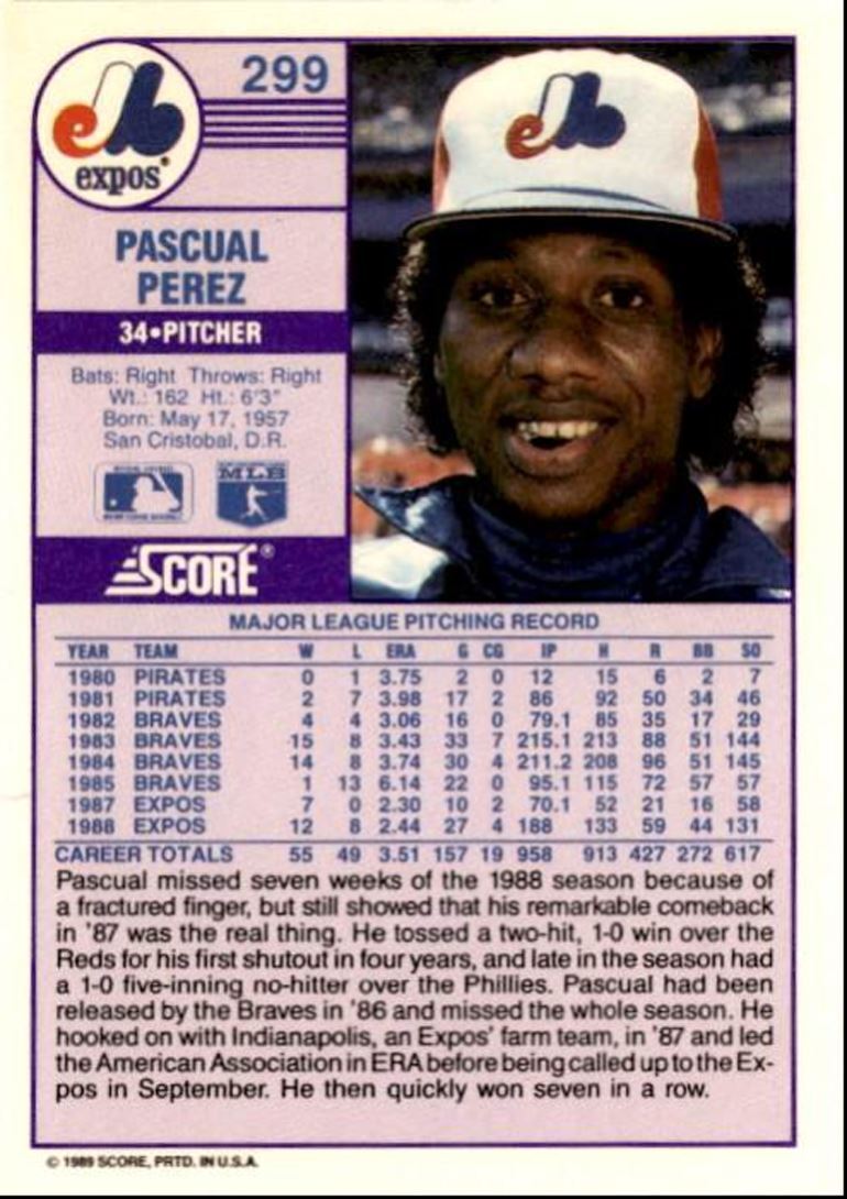 1989 Score Pascual Perez Montreal Expos #299
