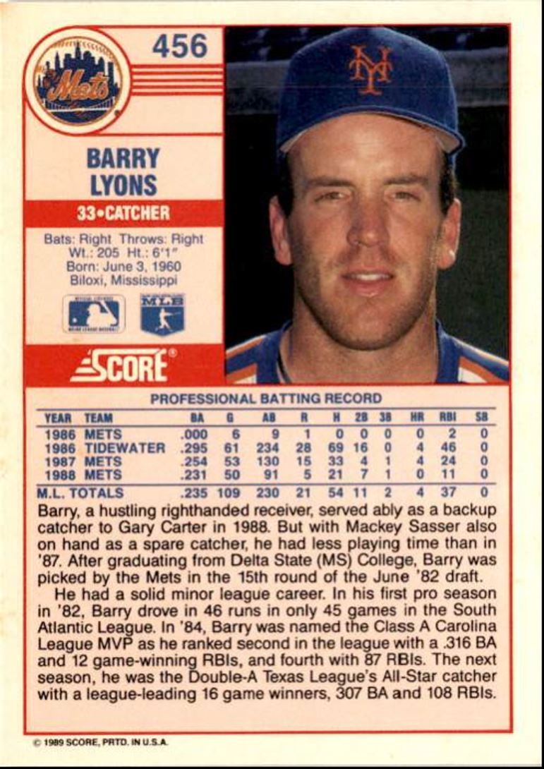 1989 Score Barry Lyons New York Mets #456