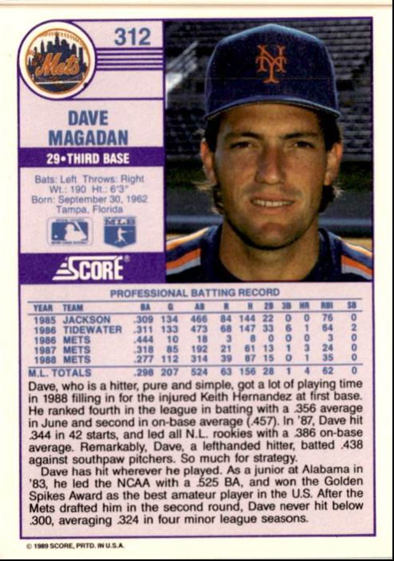 1989 Score Dave Magadan New York Mets #312