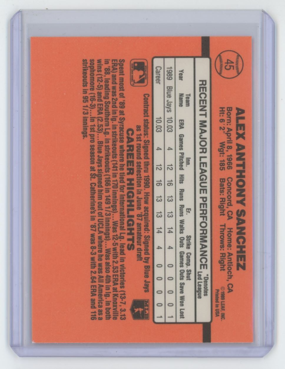 1990 Donruss Alex Sanchez Rookie Baseball Card Toronto Blue Jays #45