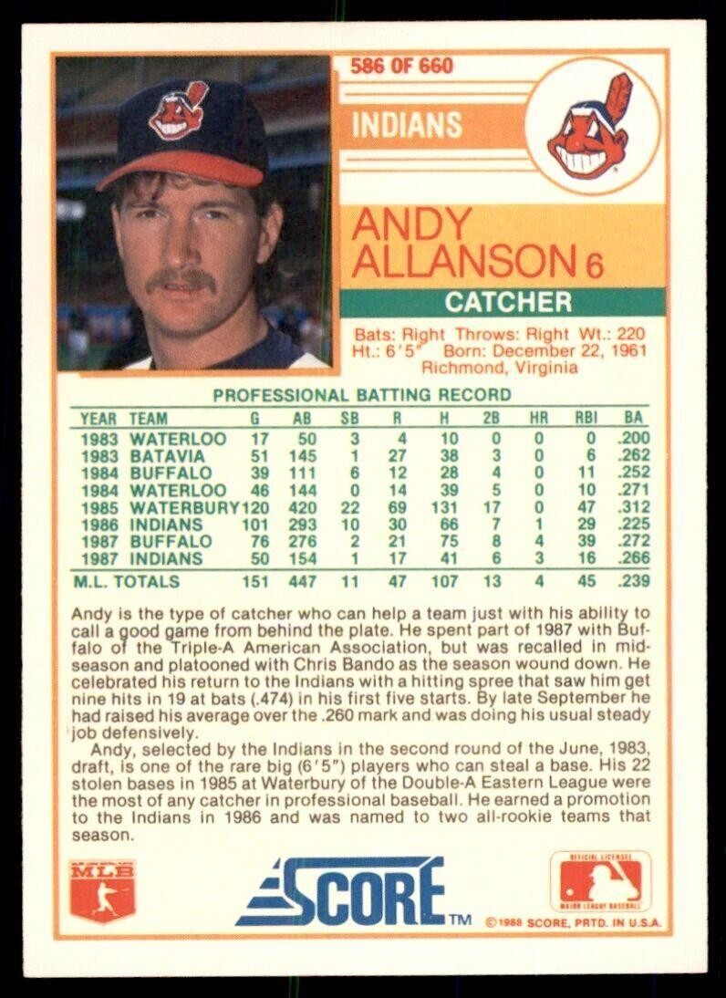 1988 Score Andy Allanson Baseball Cards #586