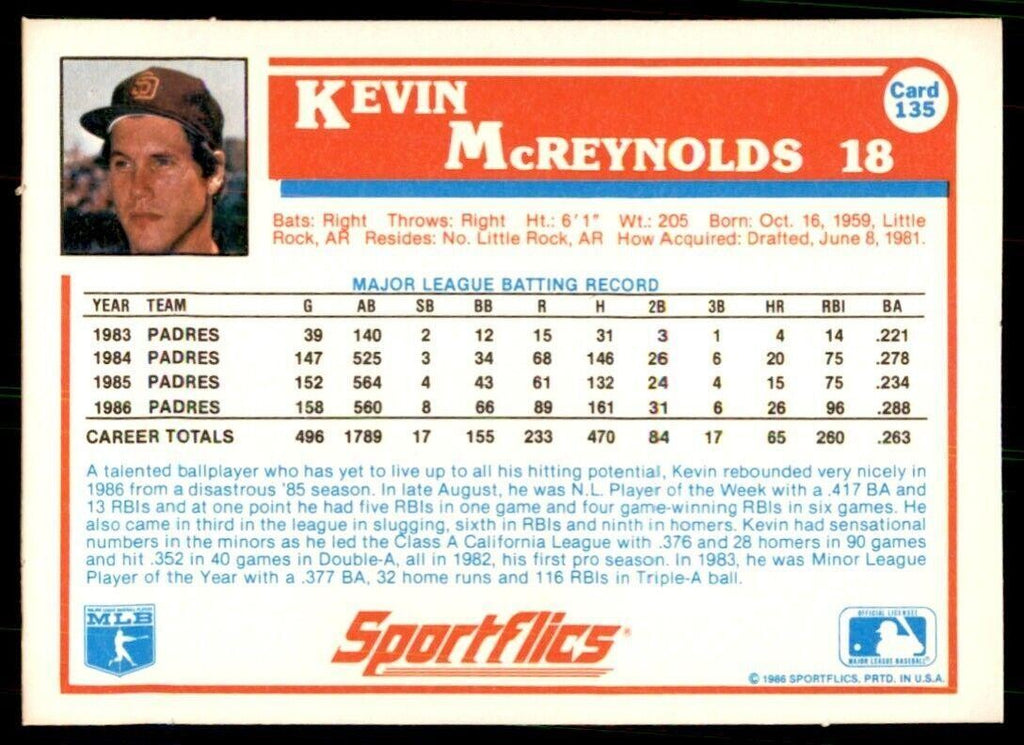 1987 Sportflics Kevin McReynolds Baseball Cards #135