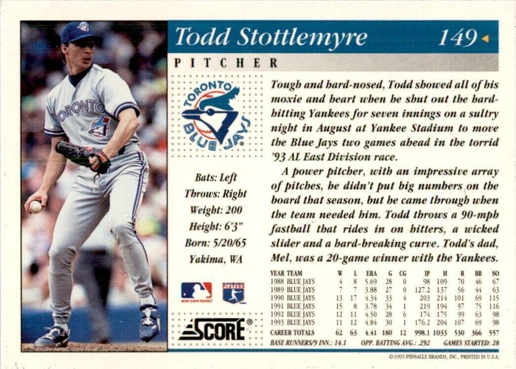 1993 Score Todd Stottlemyre Baseball Cards #149