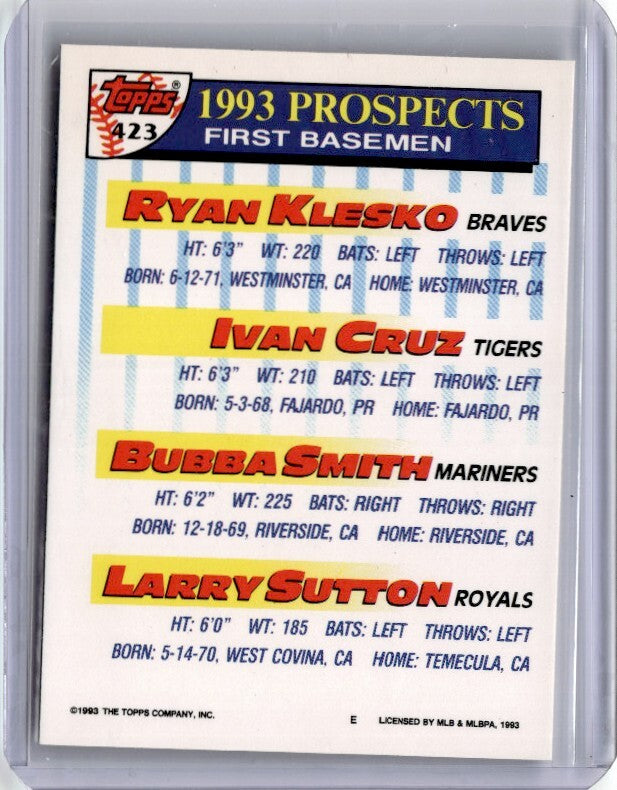 1993 Topps Ryan Klesko/Ivan Cruz/Bubba Smith/Larry Sutton Baseball Card #423