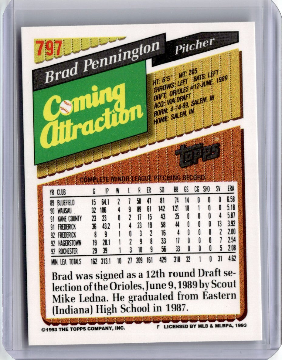 1993 Topps Brad Pennington Baseball Card Baltimore Orioles #797