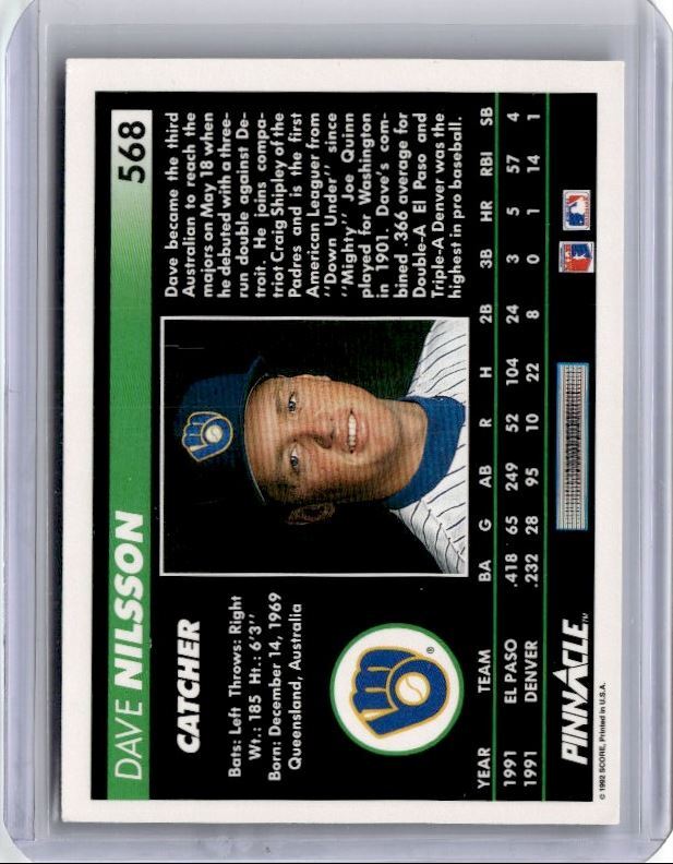 1992 Pinnacle Dave Nilsson Baseball Card Milwaukee Brewers #568