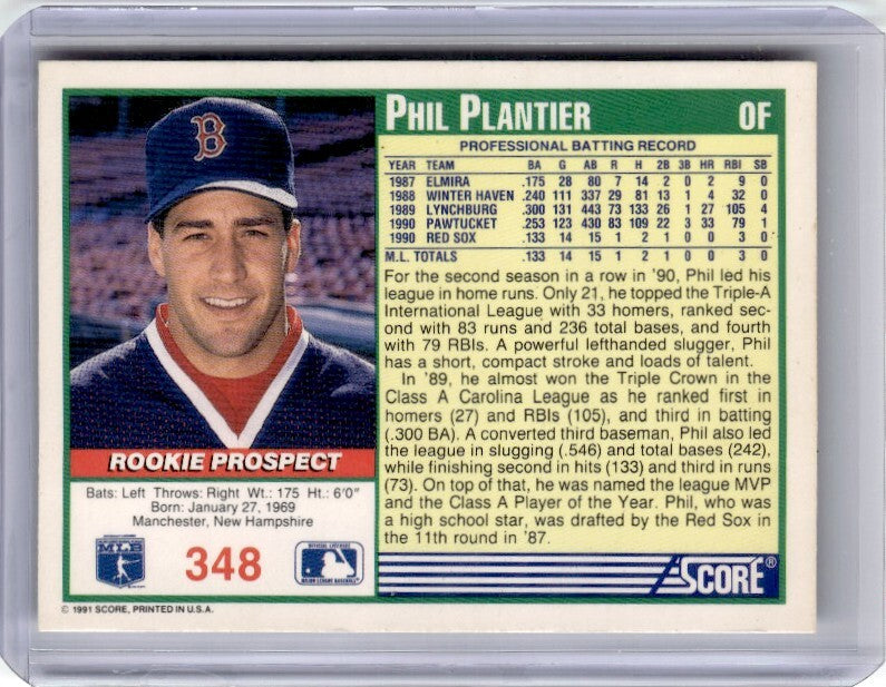 1991 Score Phil Plantier Baseball Card Boston Red Sox #348