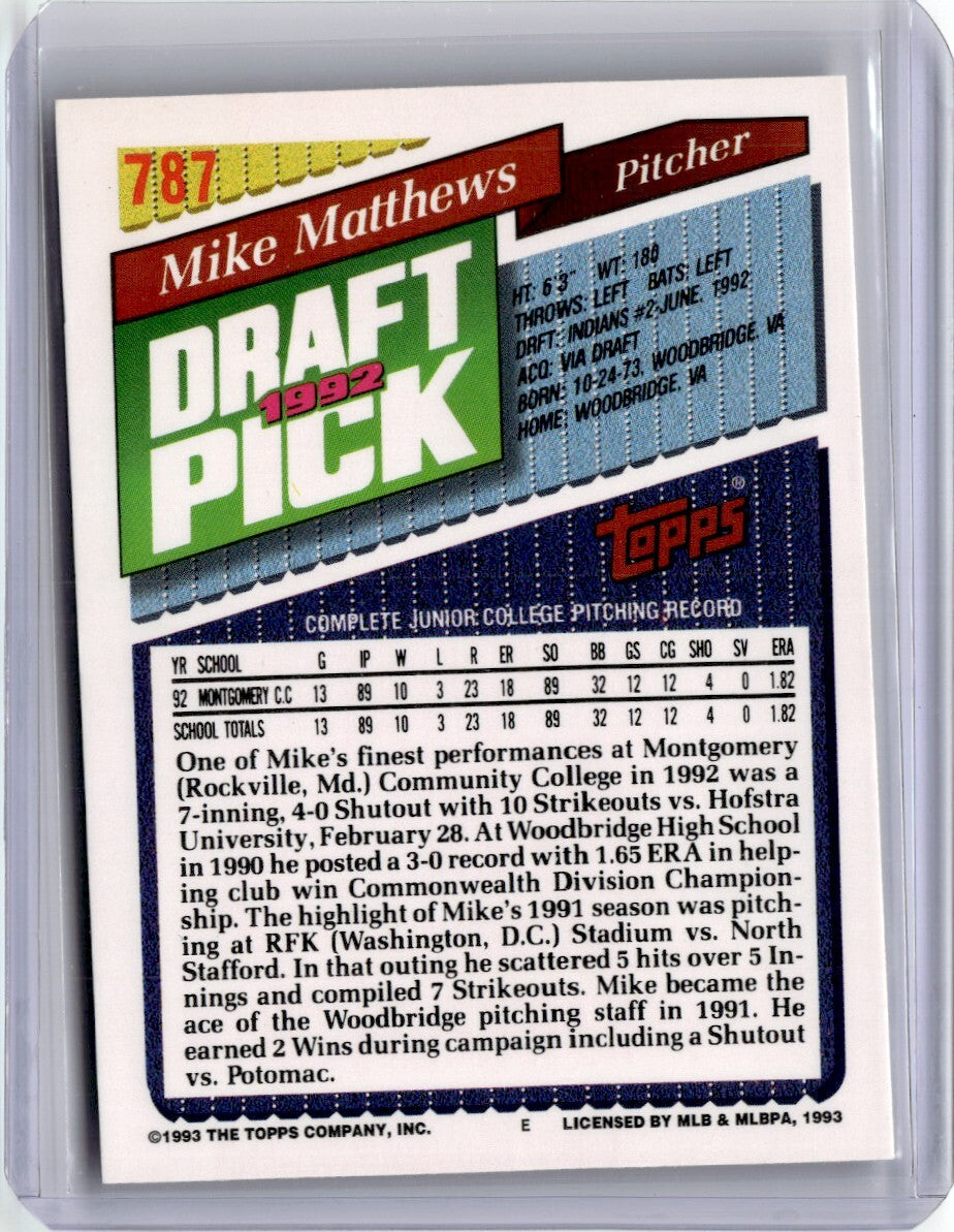 1993 Topps Mike Matthews Rookie Baseball Card Cleveland Indians #787