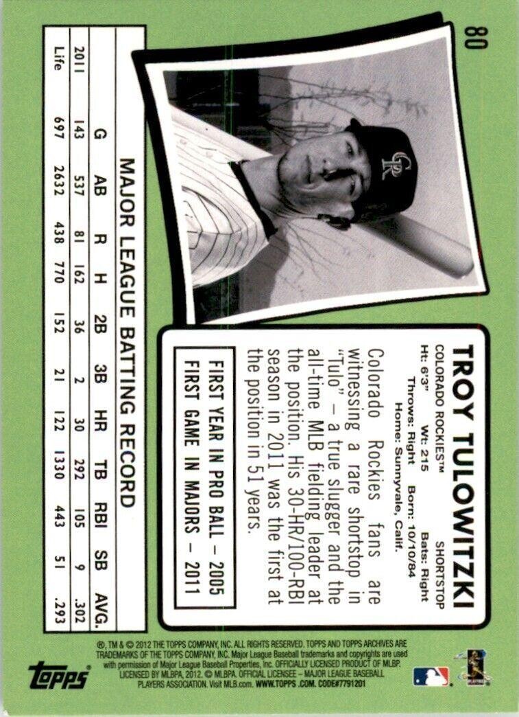 2012 Topps Archives Troy Tulowitzki Baseball Card Colorado Rockies #80