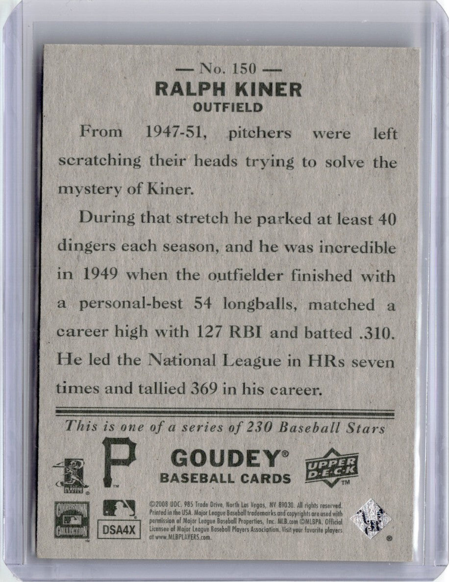 2008 Upper Deck Goudey Ralph Kiner Baseball Card Pittsburgh Pirates #150