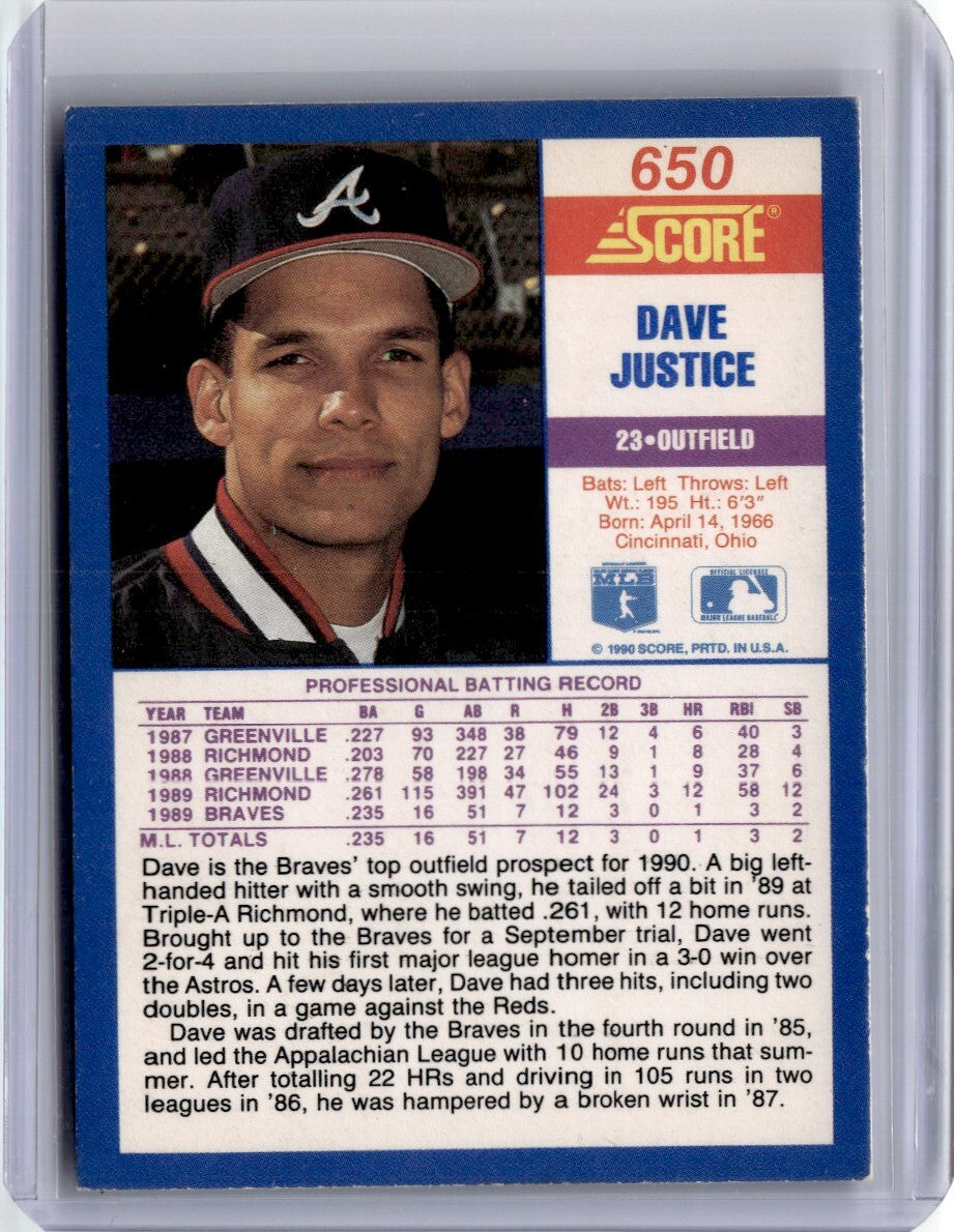 1990 Score Dave Justice Baseball Card Atlanta Braves #650