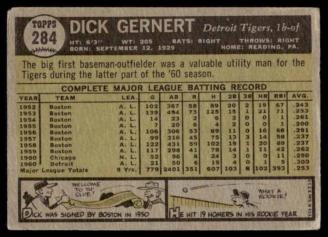 1961 Topps Baseball Card Dick Gernert Detroit Tigers #284