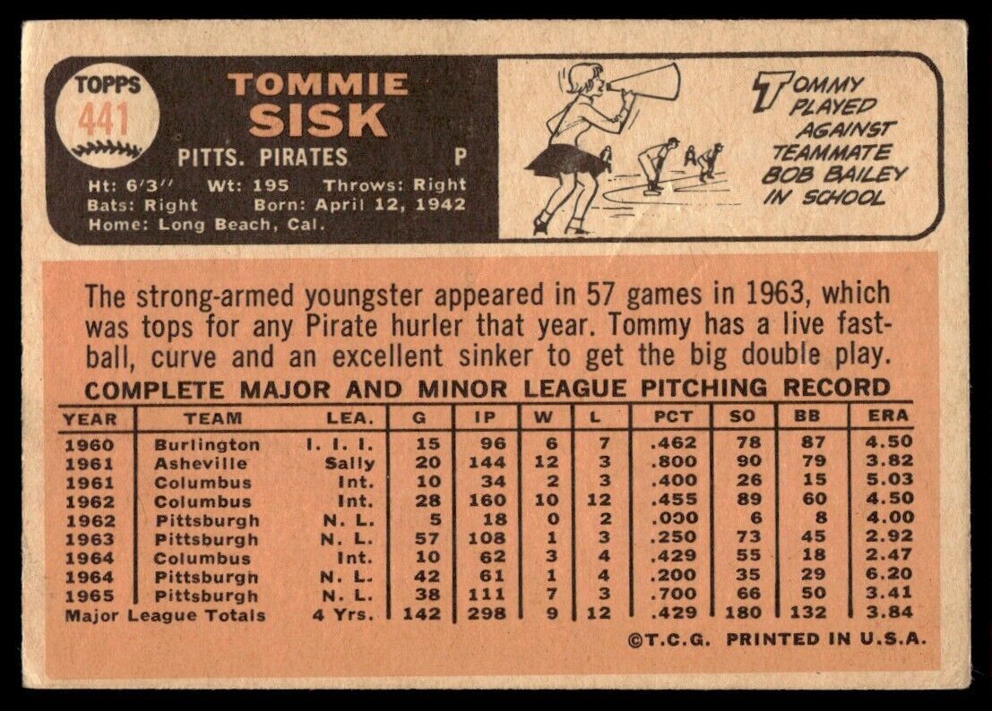 1966 Topps Baseball Card Tommie Sisk B Pittsburgh Pirates #441