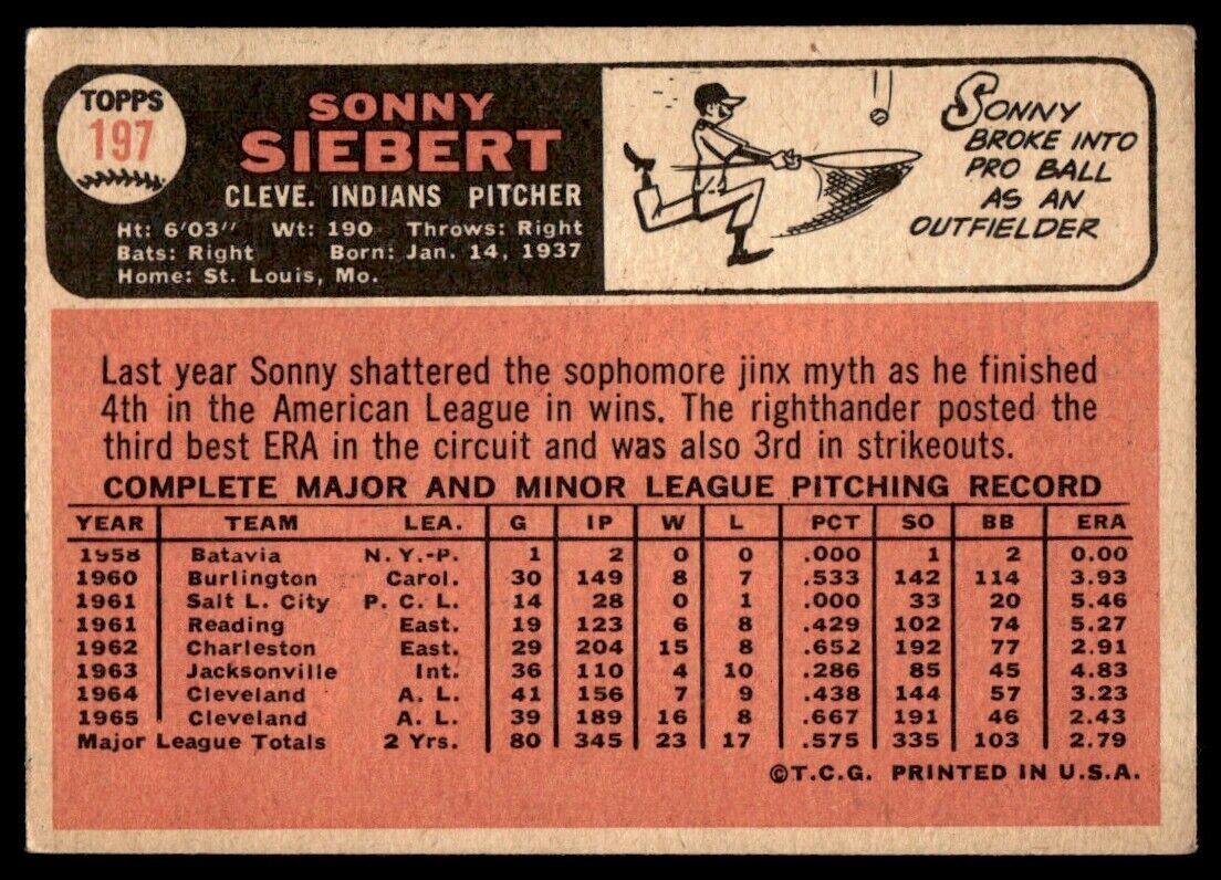 1966 Topps Baseball Card Sonny Siebert A Cleveland Indians #197