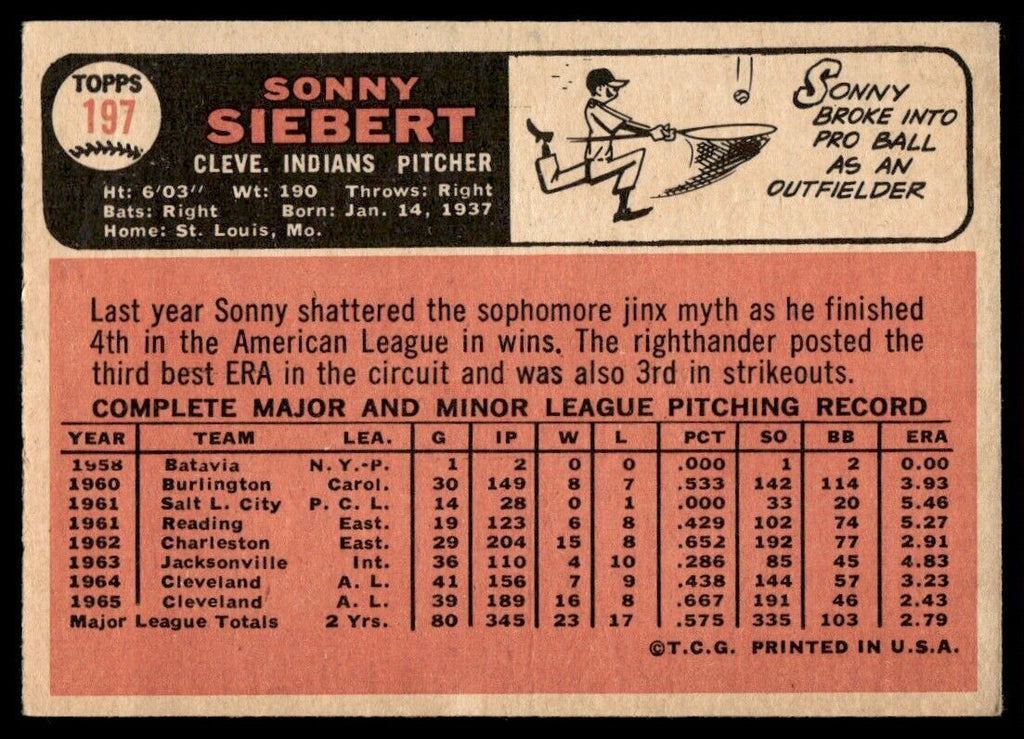 1966 Topps Baseball Card Sonny Siebert F Cleveland Indians #197