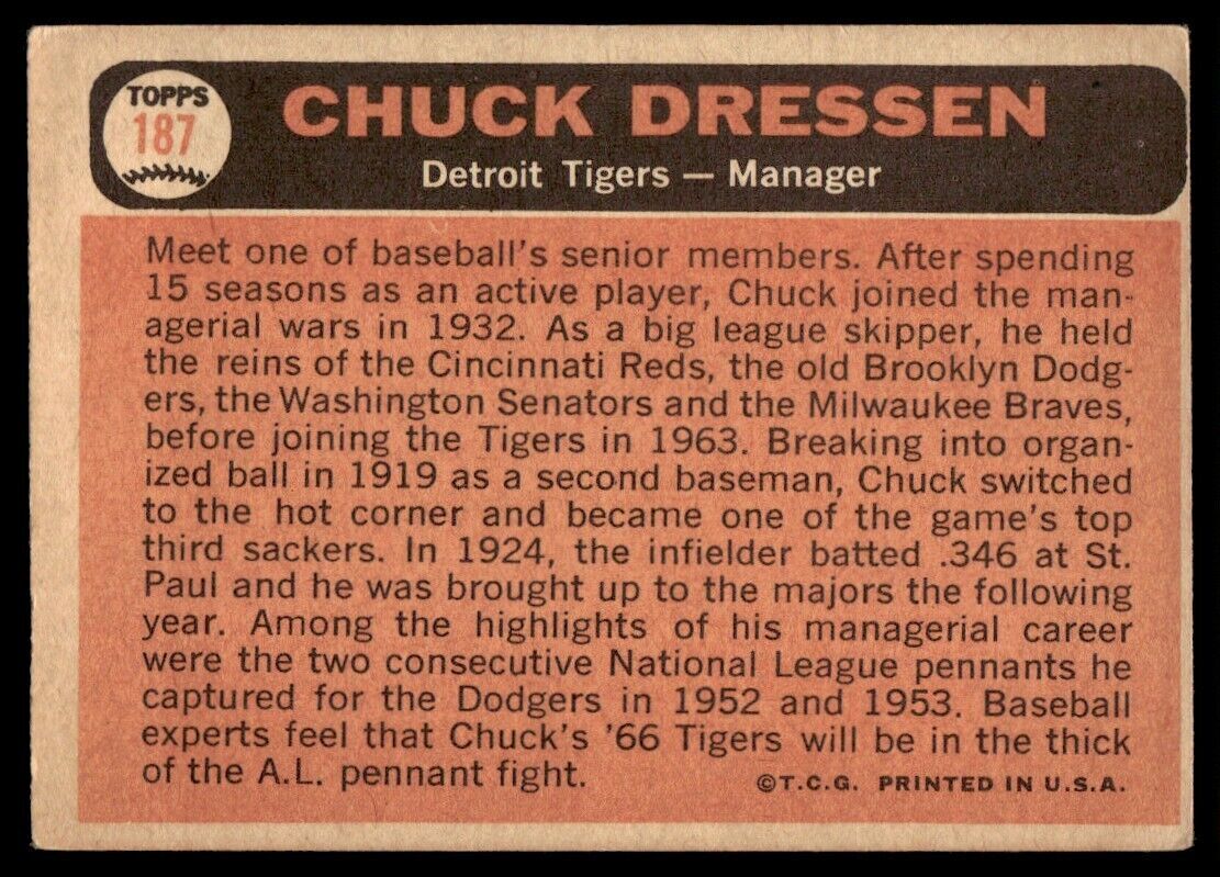 1966 Topps Baseball Card Chuck Dressen Detroit Tigers #187