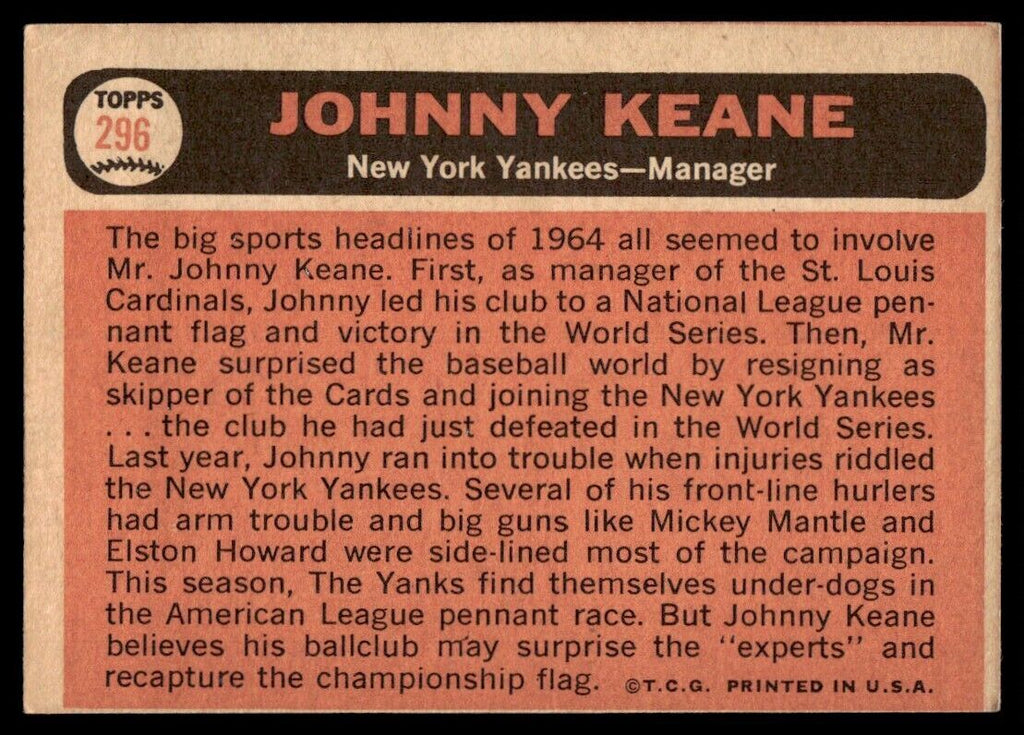 1966 Topps Baseball Card Johnny Keane New York Yankees #296