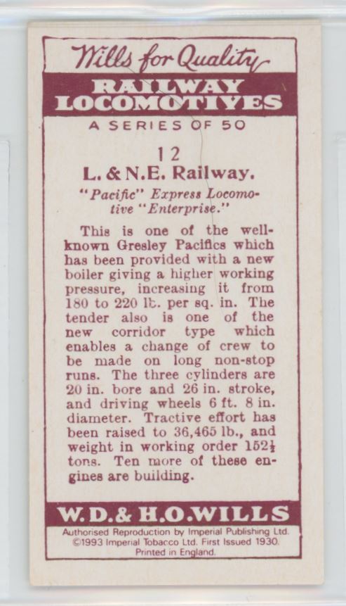 1993 Wills's Cigarettes Tobacco Card 1930 Reprint Railway Locomotives #12