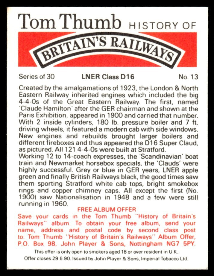 1987 Tom Thumb Britain's Railways Cigar Tobacco Card LNER Class D16 #13