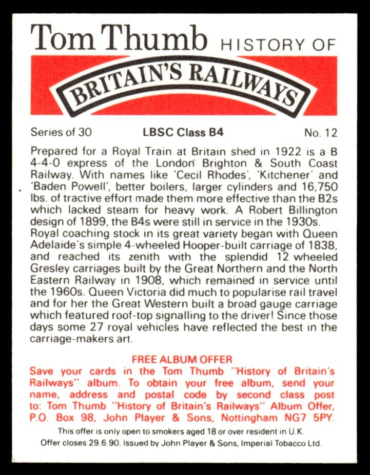 1987 Tom Thumb Britain's Railways Cigar Tobacco Card LBSC Class B4 #12