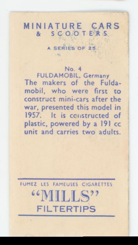 1959 Mills Filtertips Mini Cars Scooters Tobacco Card Fuldamobil #4
