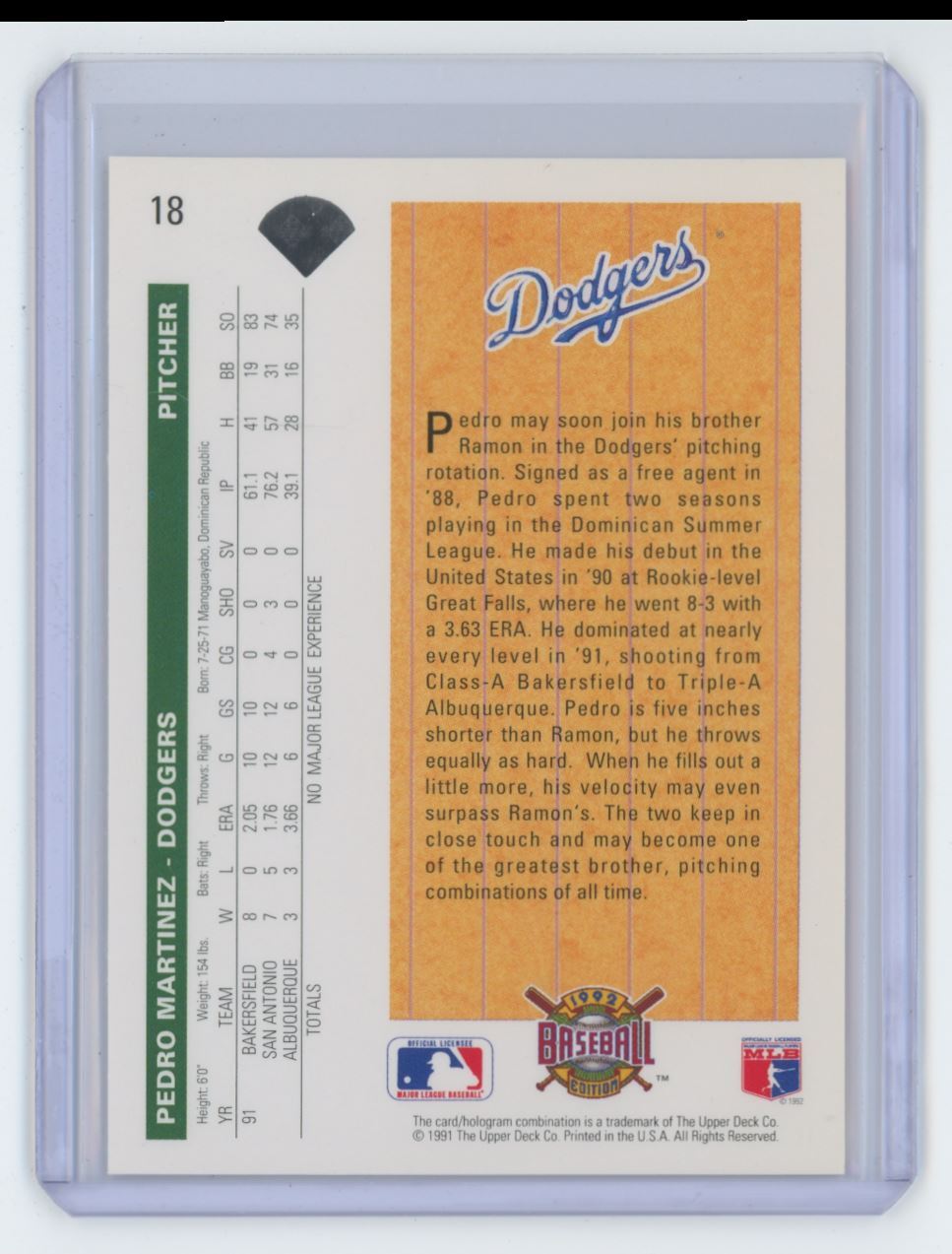 1992 Upper Deck Baseball Card Pedro Martinez B Los Angeles Dodgers #18
