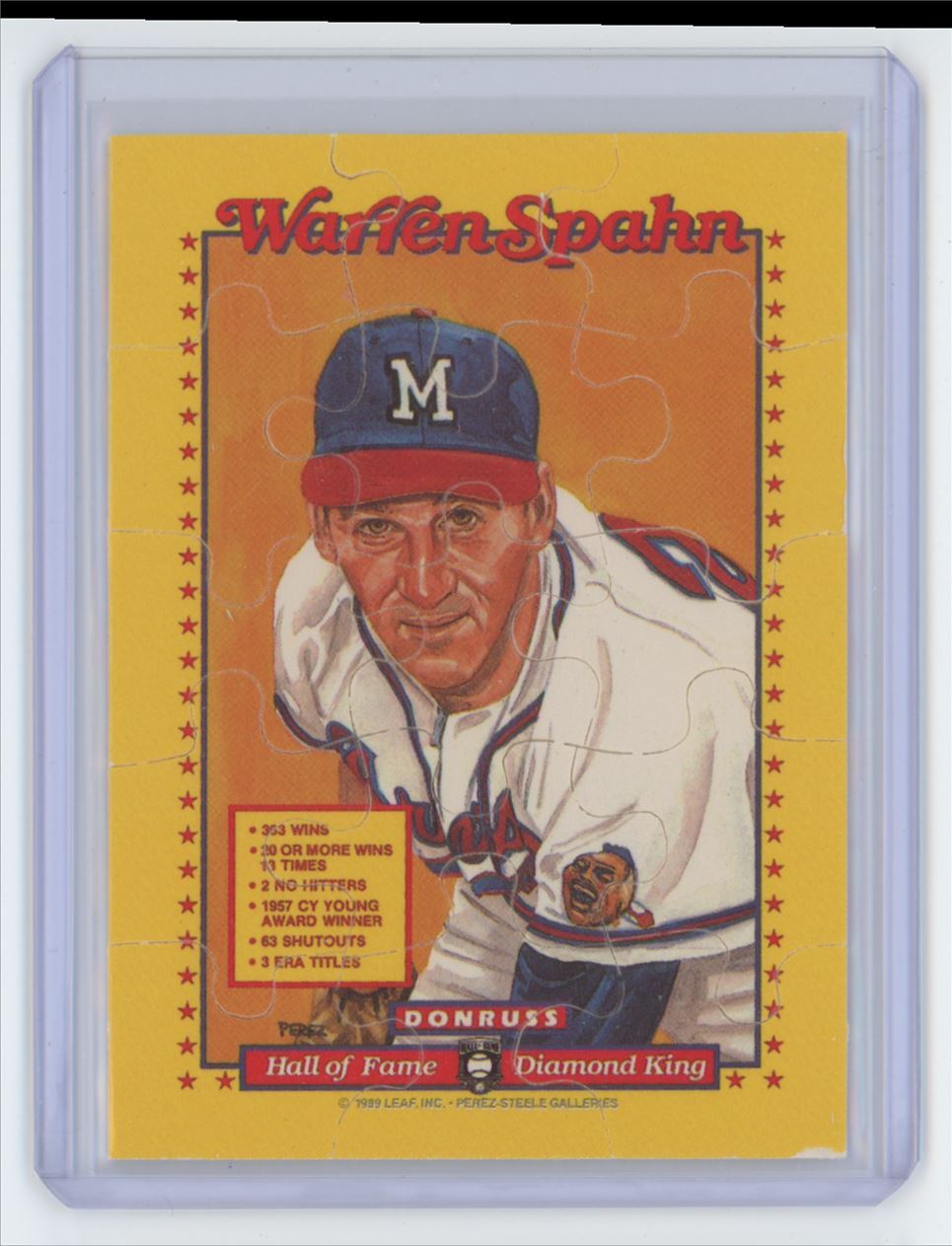 1989 Donruss HOF Puzzle Baseball Card Warren Spahn A Milwaukee Braves