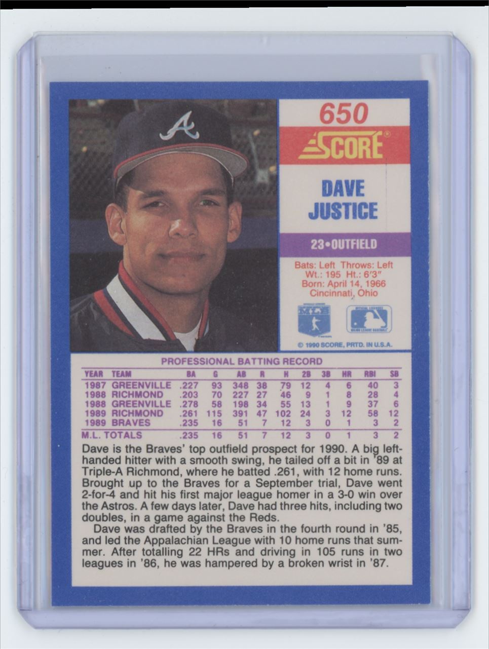 1990 Score Dave Justice Rookie Baseball Card Atlanta Braves #650