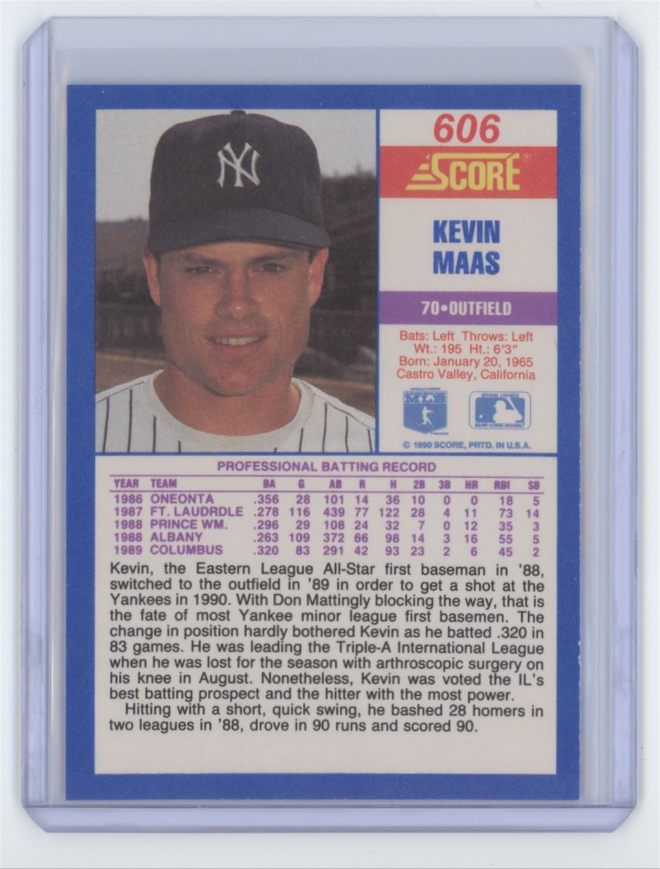 1990 Score Kevin Maas Rookie Baseball Card New York Yankees #606