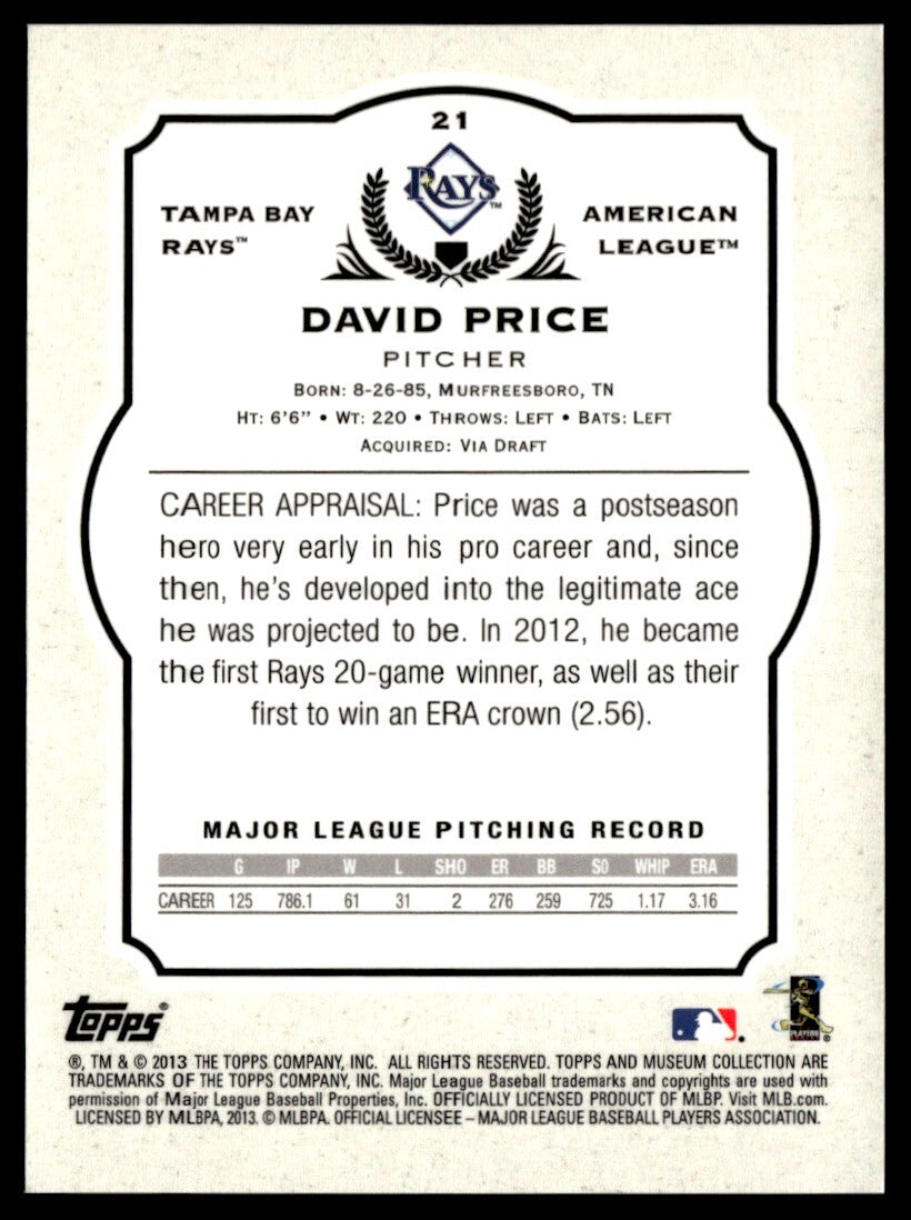 2013 Topps Museum Collection David Price Baseball Card Tampa Bay Rays #21