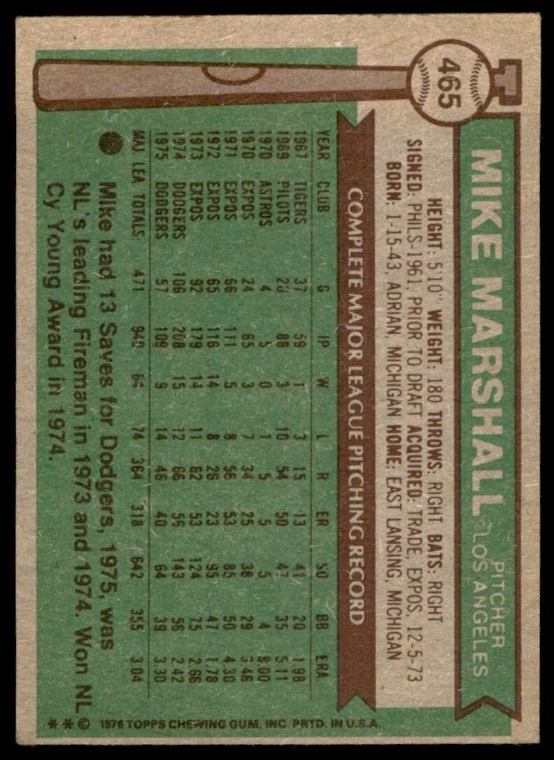 1976 TOPPS MIKE MARSHALL . LOS ANGELES DODGERS #465
