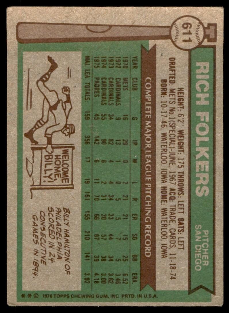 1976 TOPPS RICH FOLKERS . SAN DIEGO PADRES #611