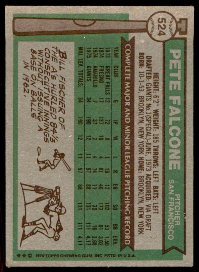 1976 TOPPS PETE FALCONE ROOKIE . SAN FRANCISCO GIANTS #524