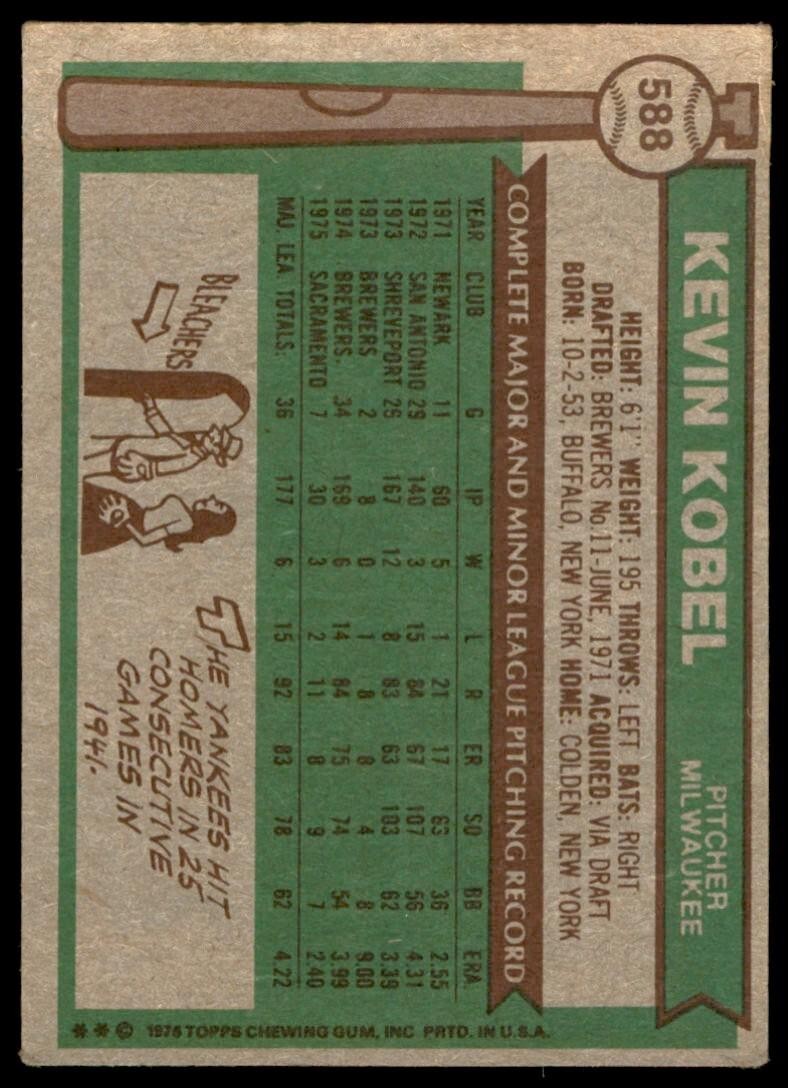 1976 TOPPS KEVIN KOBEL . MILWAUKEE BREWERS #588