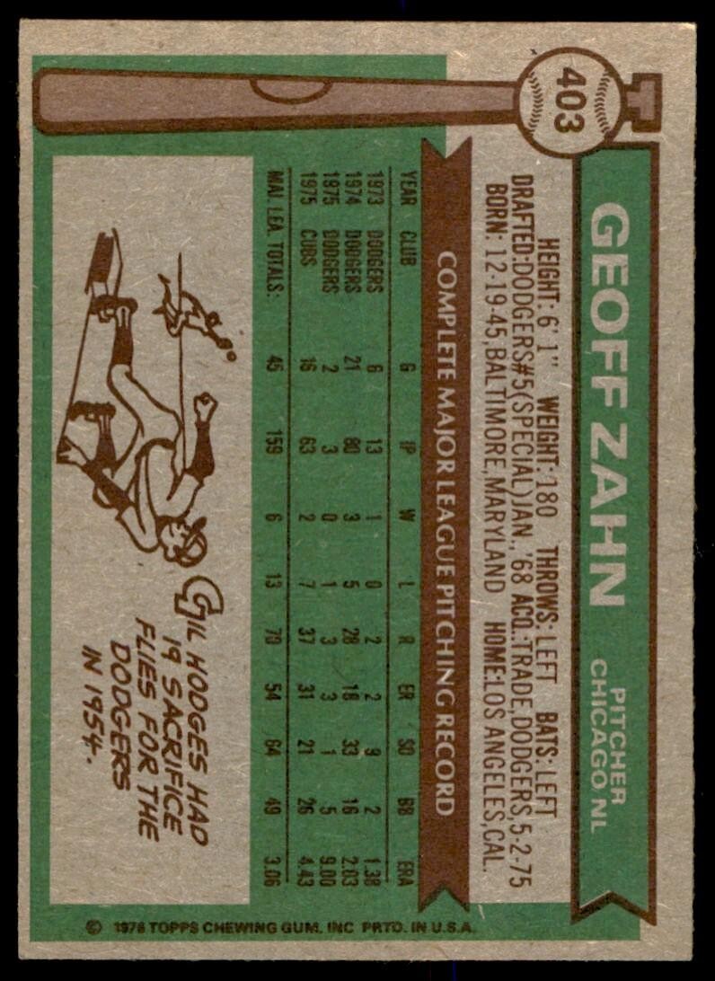 1976 TOPPS GEOFF ZAHN . CHICAGO CUBS #403