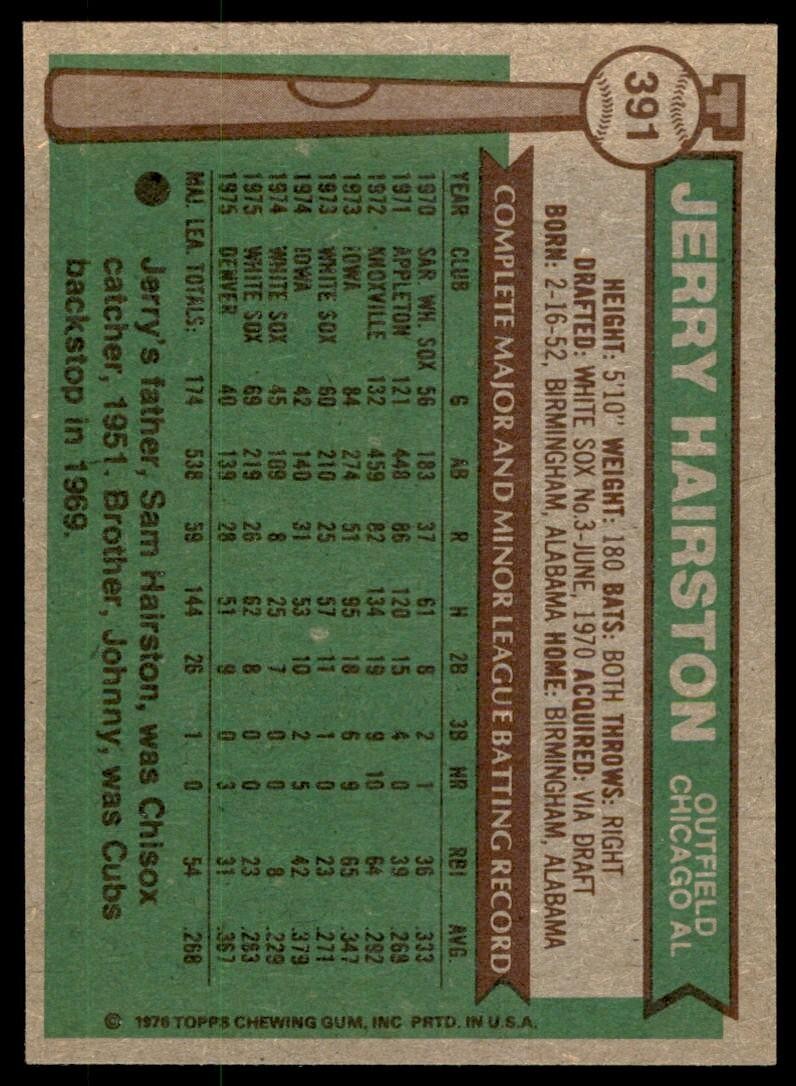 1976 TOPPS JERRY HAIRSTON . CHICAGO WHITE SOX #391