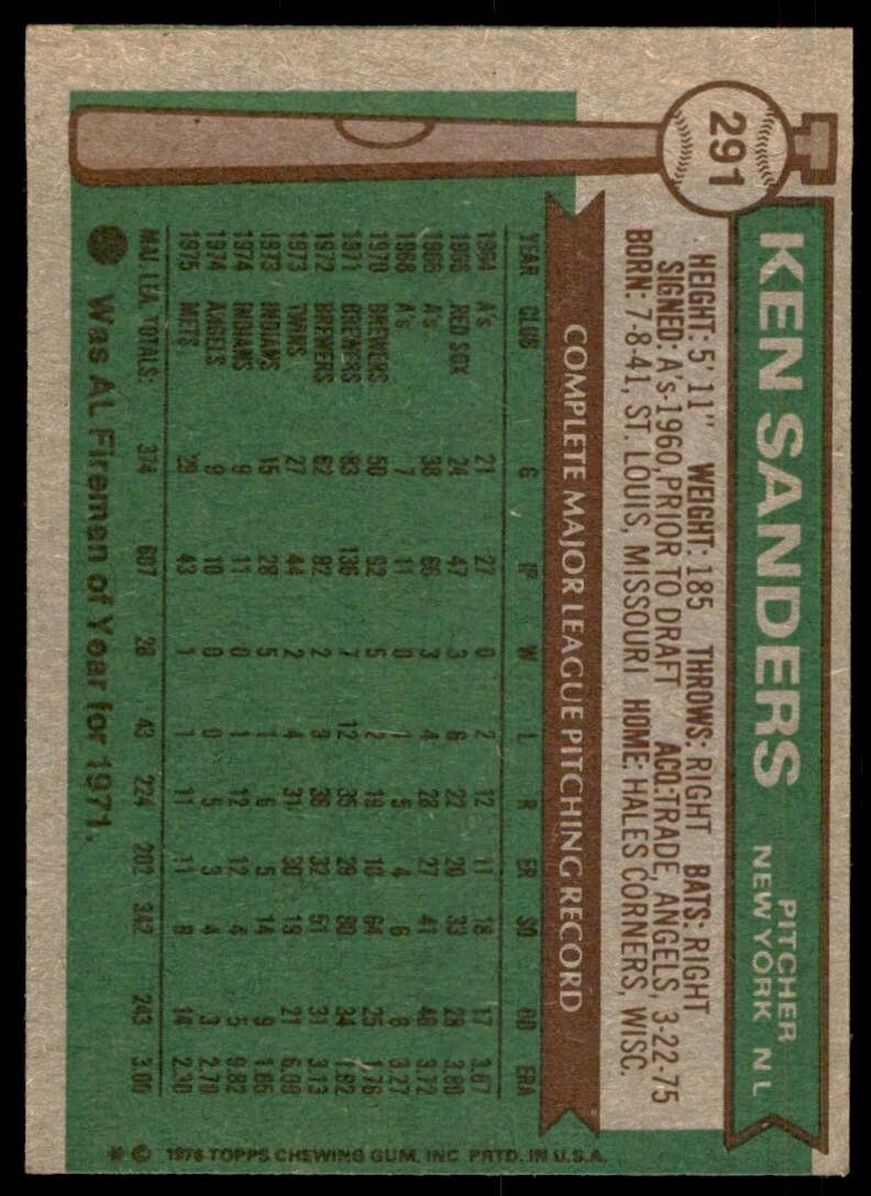 1976 TOPPS KEN SANDERS . NEW YORK METS #291