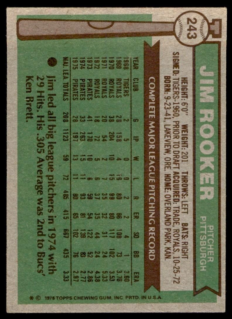 1976 TOPPS JIM ROOKER . PITTSBURGH PIRATES #243