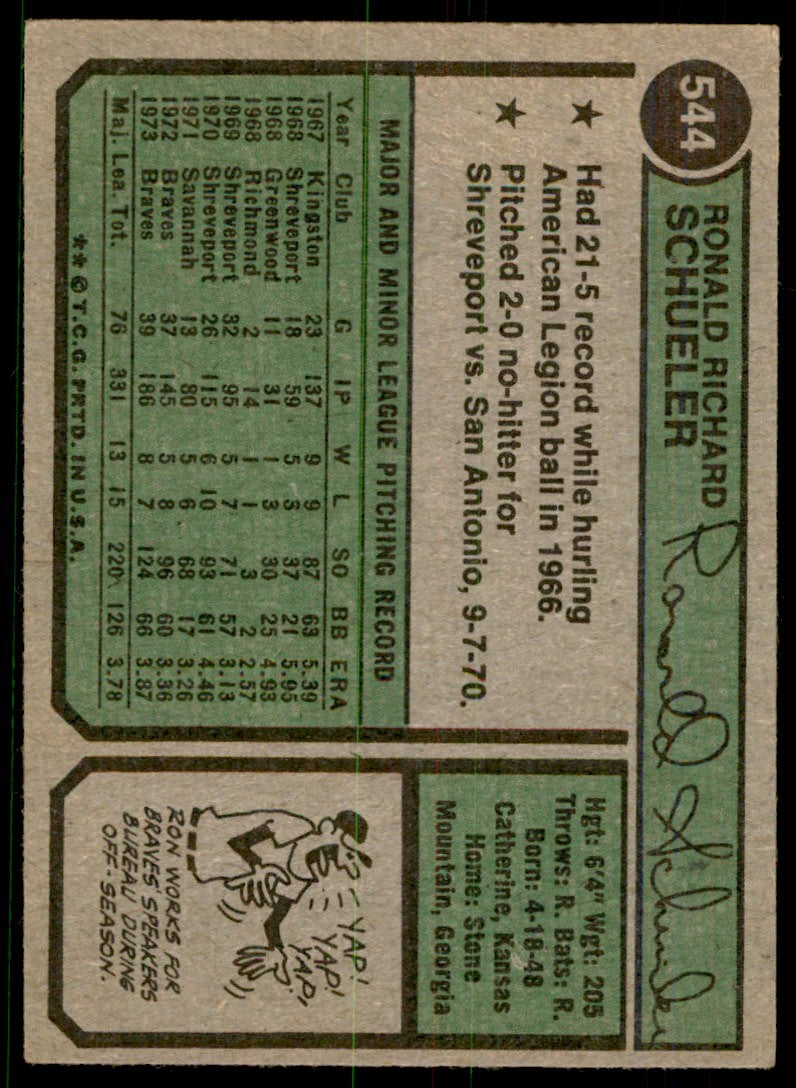 1974 TOPPS RON SCHUELER . ATLANTA BRAVES #544