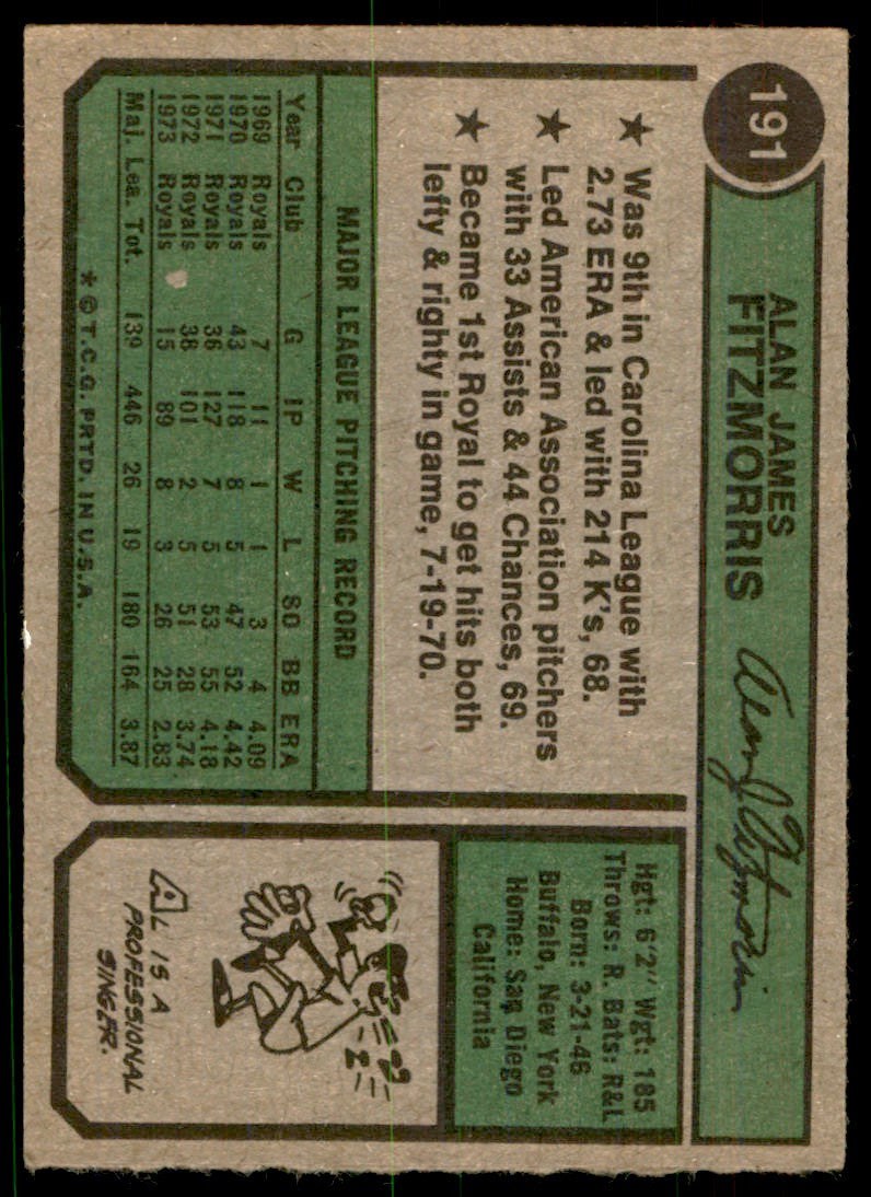 1974 TOPPS AL FITZMORRIS . KANSAS CITY ROYALS #191