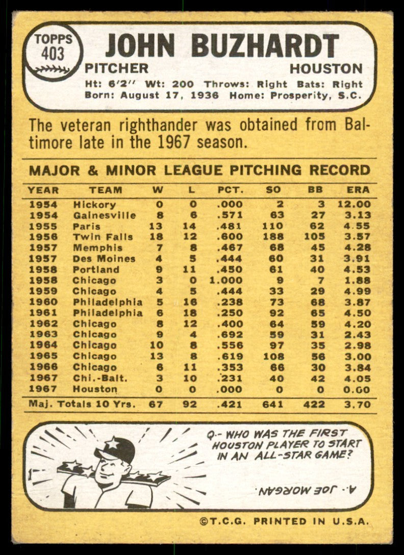 1968 TOPPS JOHN BUZHARDT . HOUSTON ASTROS #403