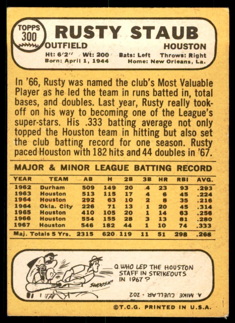 1968 TOPPS RUSTY STAUB . HOUSTON ASTROS #300