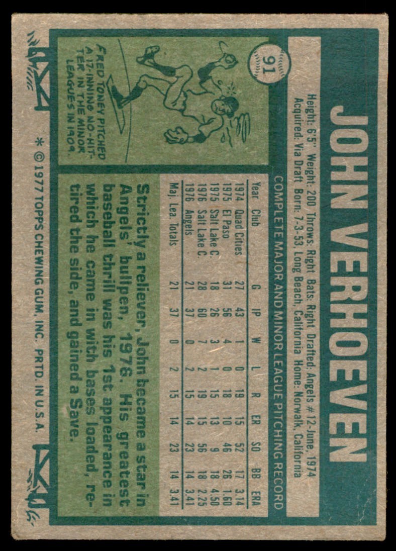 1977 TOPPS JOHN VERHOEVEN ROOKIE . CALIFORNIA ANGELS #91