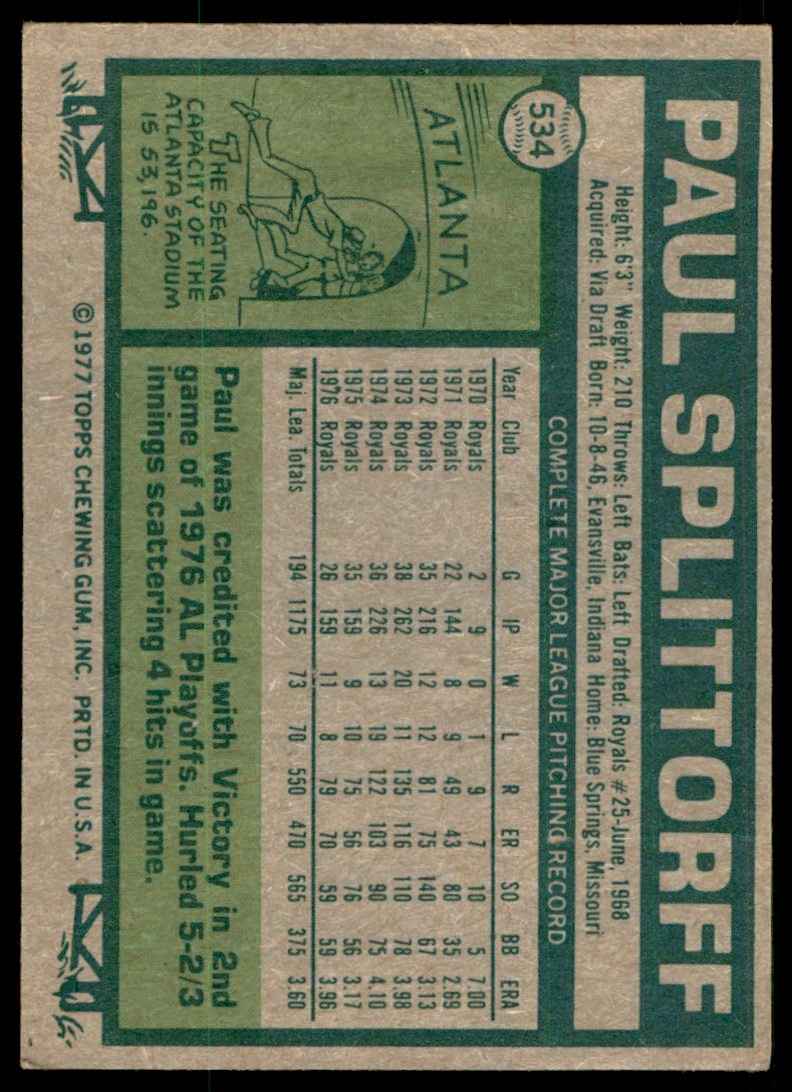 1977 TOPPS PAUL SPLITTORFF . KANSAS CITY ROYALS #534