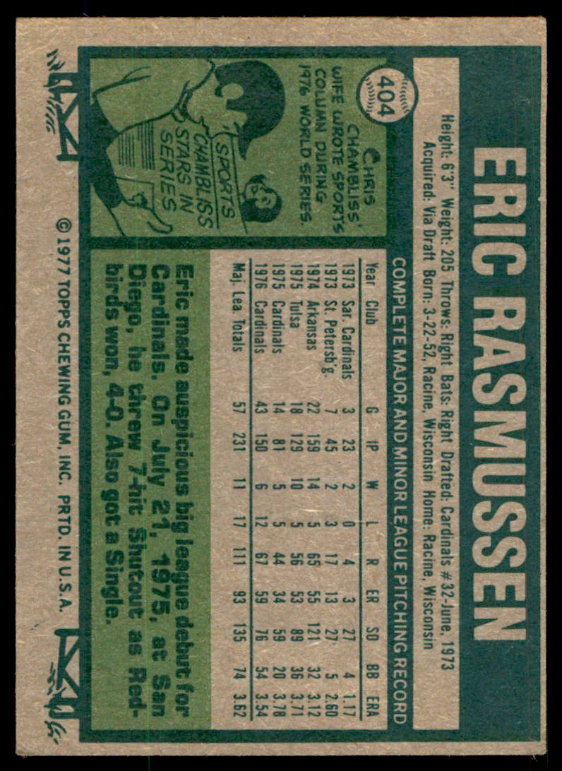 1977 TOPPS ERIC RASMUSSEN . ST. LOUIS CARDINALS #404