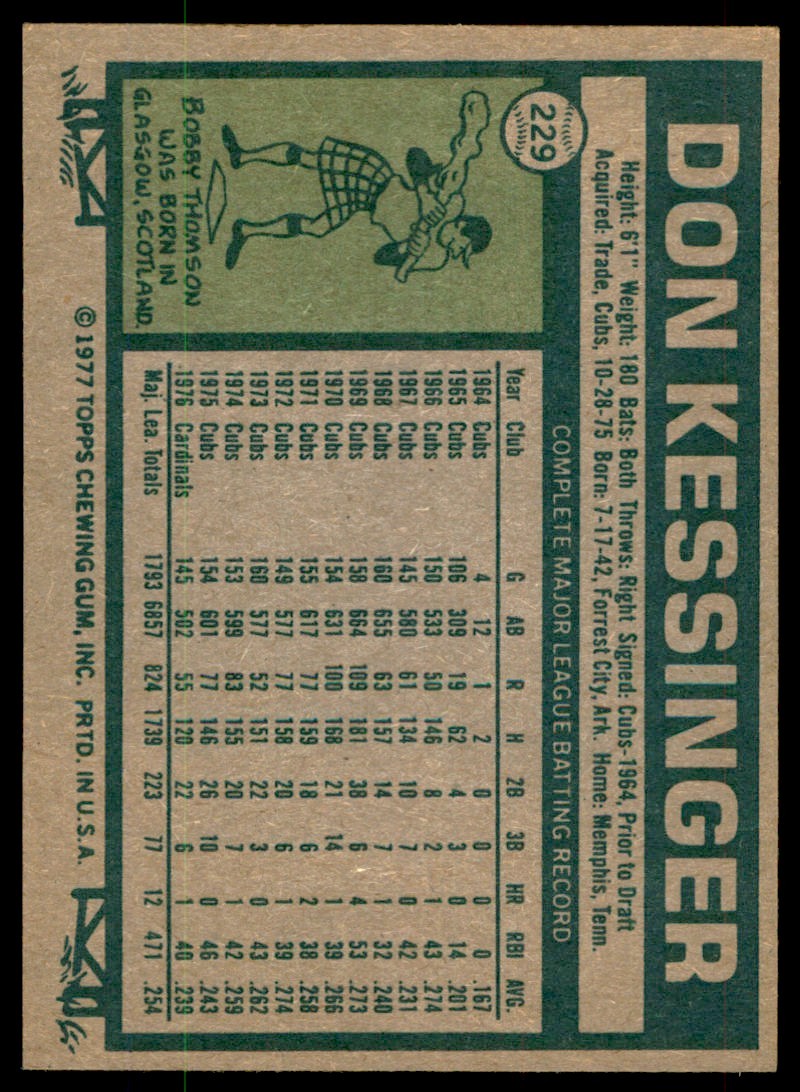 1977 TOPPS DON KESSINGER . ST. LOUIS CARDINALS #229