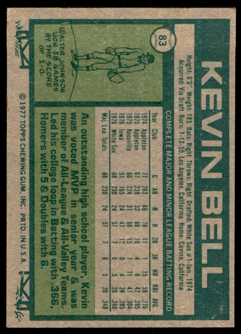 1977 TOPPS KEVIN BELL ROOKIE . CHICAGO WHITE SOX #83