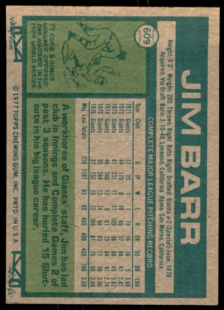 1977 TOPPS JIM BARR . SAN FRANCISCO GIANTS #609