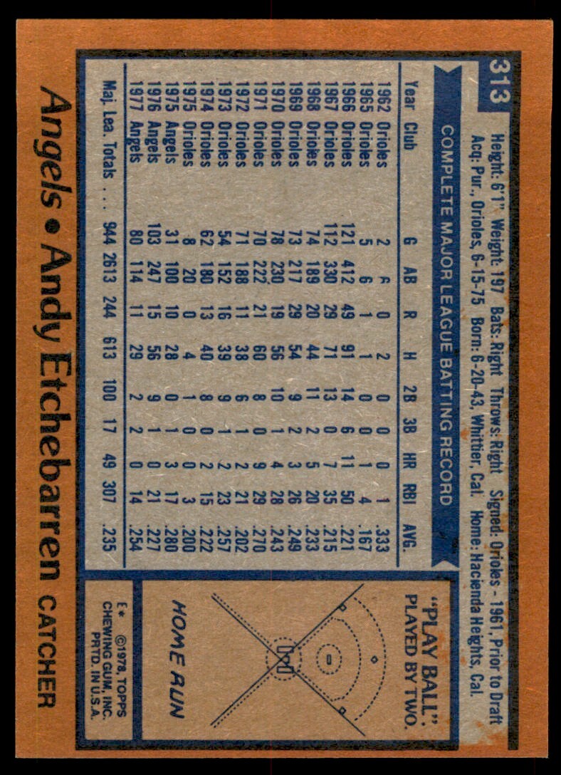 1978 TOPPS ANDY ETCHEBARREN . CALIFORNIA ANGELS #313