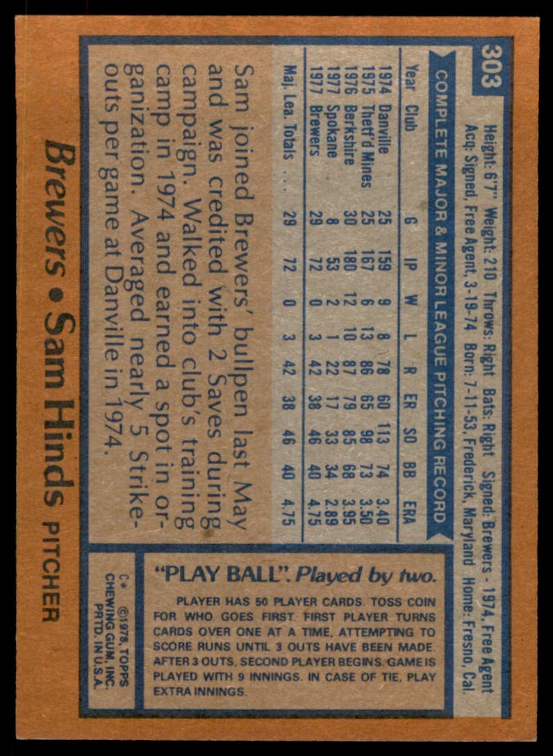 1978 TOPPS SAM HINDS ROOKIE . MILWAUKEE BREWERS #303